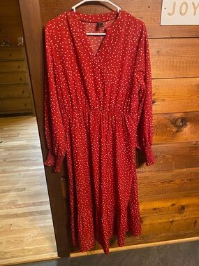 SHEIN Red Polka Dot Long Sleeve Midi Dress